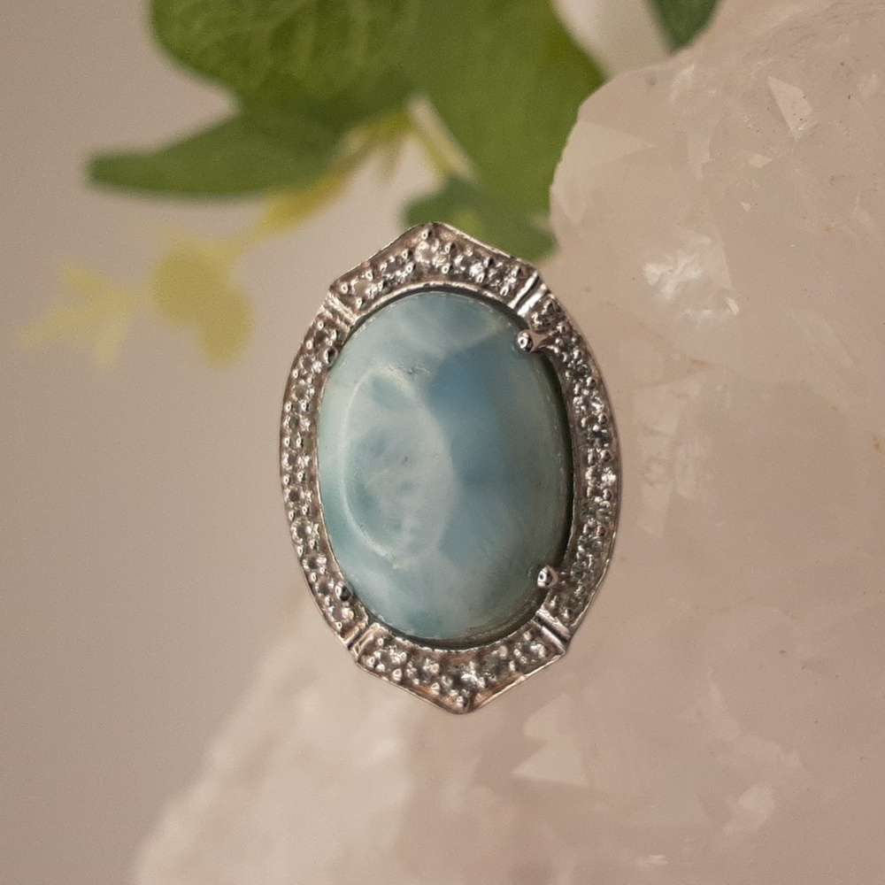 925 Genuine Larimar And White Topaz Ring. - Picture 5 of 7